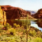Photo postcard of a lake along the historic Apache Trail stage coach route. AHS Photo #28097