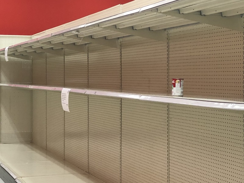 Empty TP shelves at Target, March 18, 2020, Erin Craft, courtesy Journal of the Plague Year