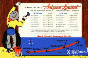 Brightly colored image depicting a cartoon cowboy nailing the train schedule for the Arizona Limited train to a wall.
