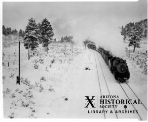 Steam engine train moving through snow-covered area with pine trees and telephone poles.